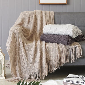 Diamond Lattice Knitted Fringe Throw Blanket