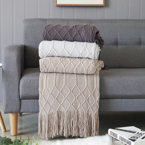Diamond Lattice Knitted Fringe Throw Blanket