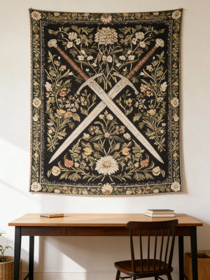 Medieval Sword Floral Botanical Tapestry