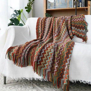 Bohemian Knitted Chevron Throw Blanket with Tassels