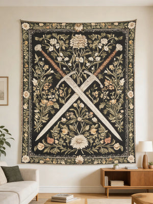 Medieval Sword Floral Botanical Tapestry