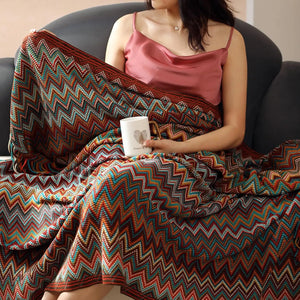 Bohemian Knitted Chevron Throw Blanket with Tassels