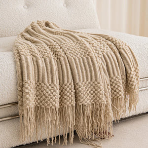 Chunky Textured Knitted Fringe Throw Blanket