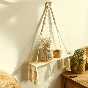 Boho Macrame Wood Floating Shelf