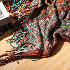 Bohemian Knitted Chevron Throw Blanket with Tassels
