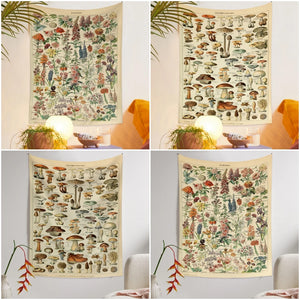 Vintage Botanical Wildflower Mushroom Tapestry