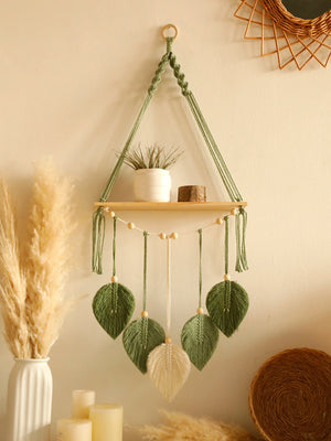 Boho Green Leaf Macrame Floating Shelf