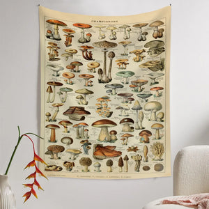 Vintage Botanical Wildflower Mushroom Tapestry