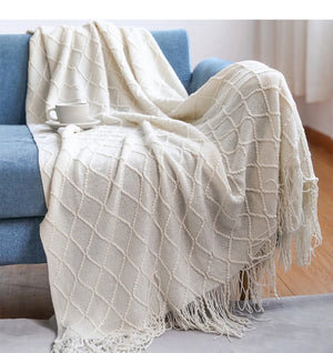 Diamond Lattice Knitted Fringe Throw Blanket