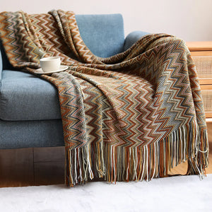 Bohemian Knitted Chevron Throw Blanket with Tassels