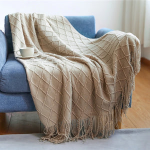 Diamond Lattice Knitted Fringe Throw Blanket