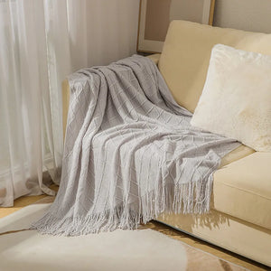 Diamond Lattice Knitted Fringe Throw Blanket