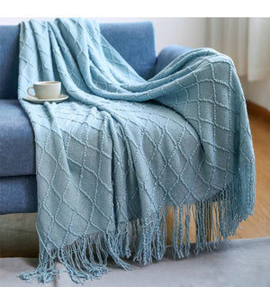 Diamond Lattice Knitted Fringe Throw Blanket
