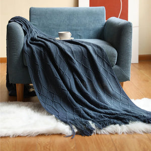 Diamond Lattice Knitted Fringe Throw Blanket