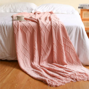 Diamond Lattice Knitted Fringe Throw Blanket