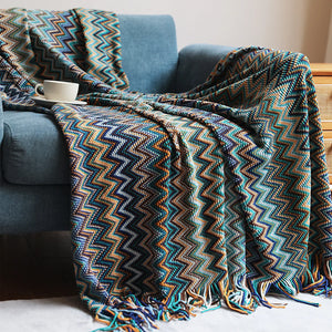 Bohemian Knitted Chevron Throw Blanket with Tassels