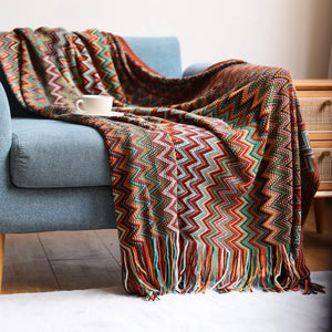 Bohemian Knitted Chevron Throw Blanket with Tassels