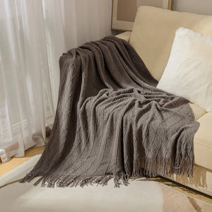 Diamond Lattice Knitted Fringe Throw Blanket