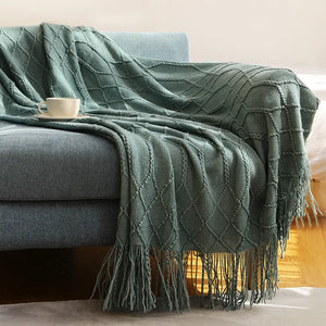 Diamond Lattice Knitted Fringe Throw Blanket