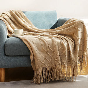 Diamond Lattice Knitted Fringe Throw Blanket