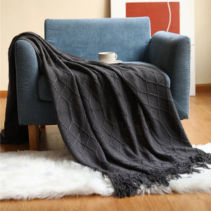 Diamond Lattice Knitted Fringe Throw Blanket