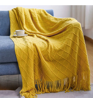 Diamond Lattice Knitted Fringe Throw Blanket